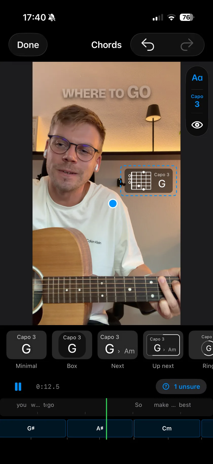 Detected chords on the timeline and in the picture