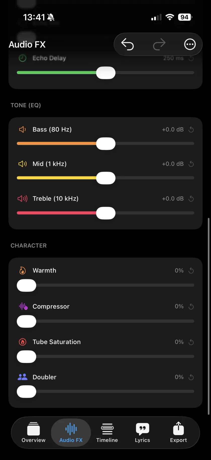 Musaic Audio FX: three-band EQ and character effects — warmth, compressor, tube saturation, doubler