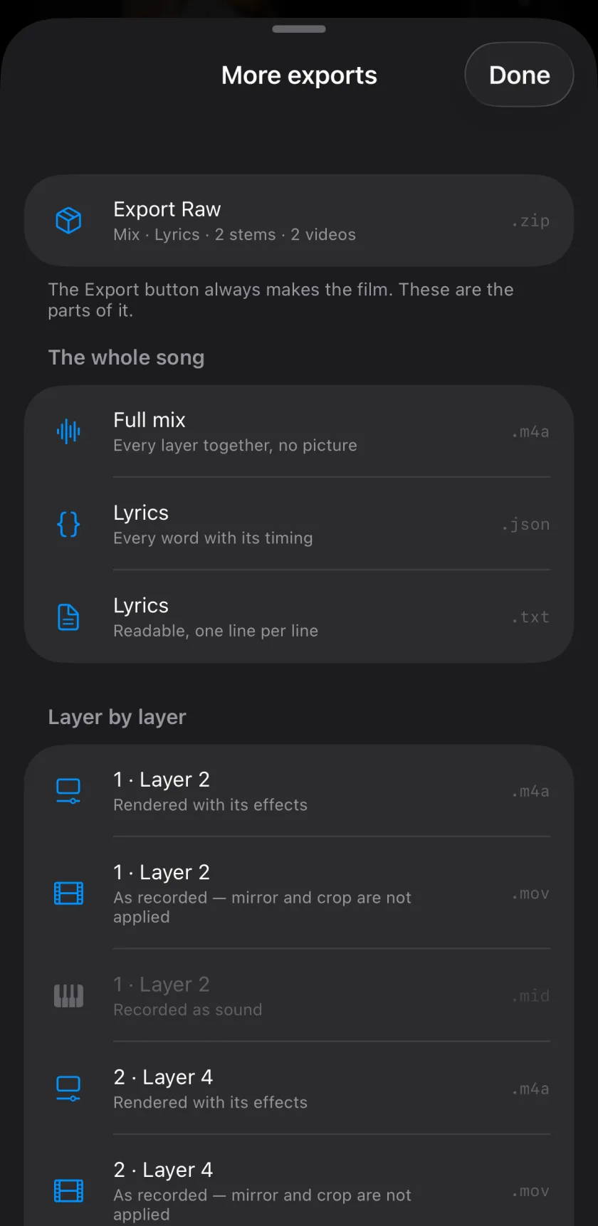 More exports: Export Raw as a zip, the full mix, the lyrics, and every layer on its own