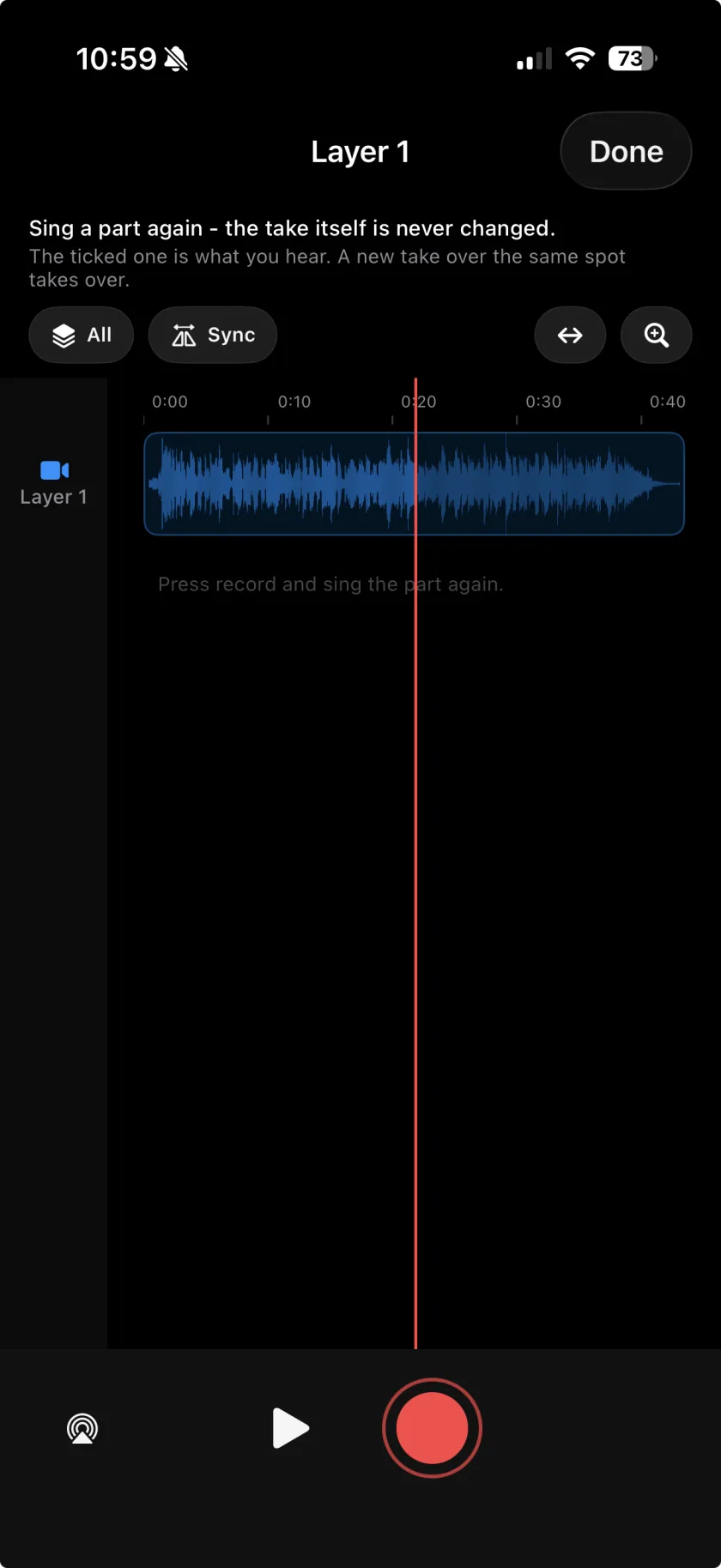 The Fix audio editor with the layer's waveform and the record button