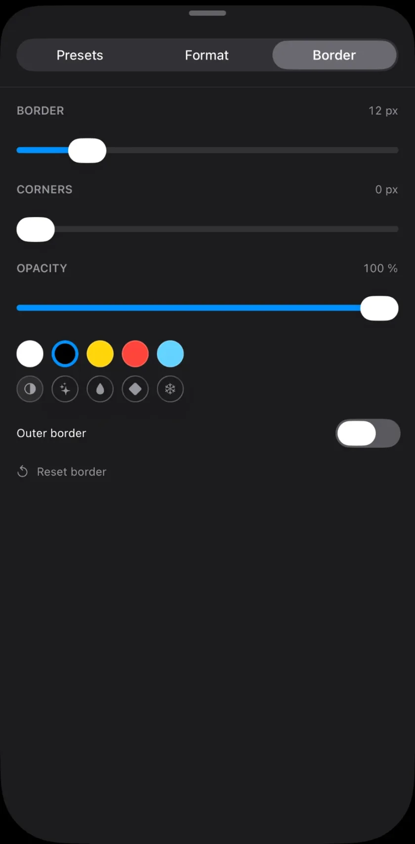 Border: thickness, corners, opacity, a colour or glass, and the outer border