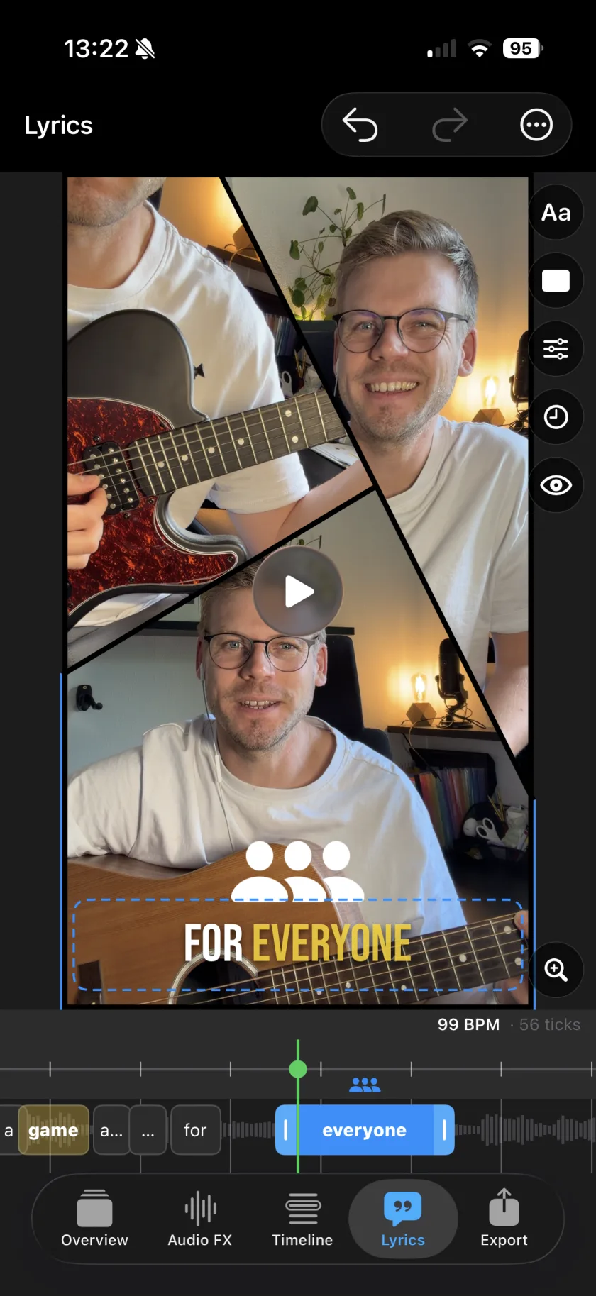 Musaic on iPhone: the same musician three times — electric guitar, vocals and acoustic guitar — playing together in one frame