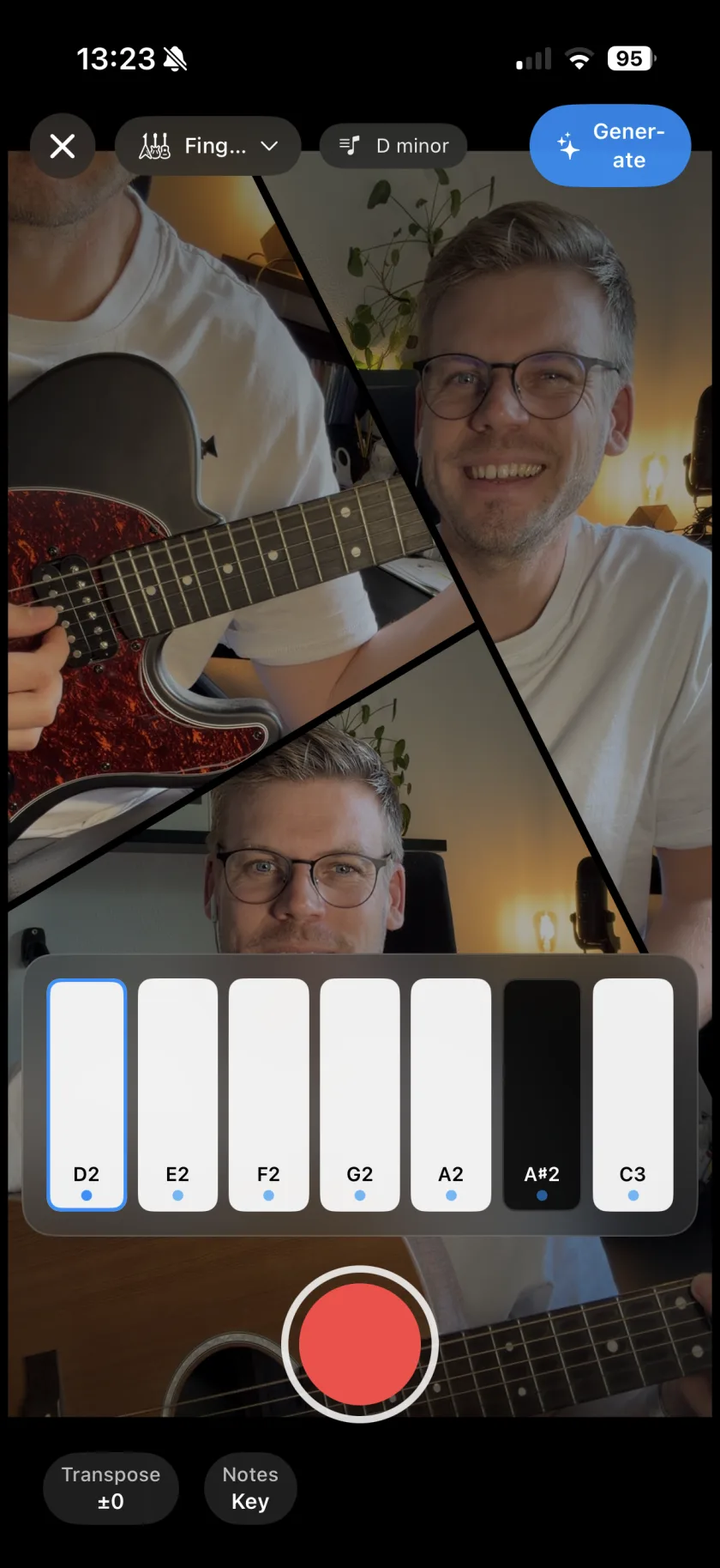 Musaic instrument recording: key-aware note pads in D minor over the mosaic, with a record button