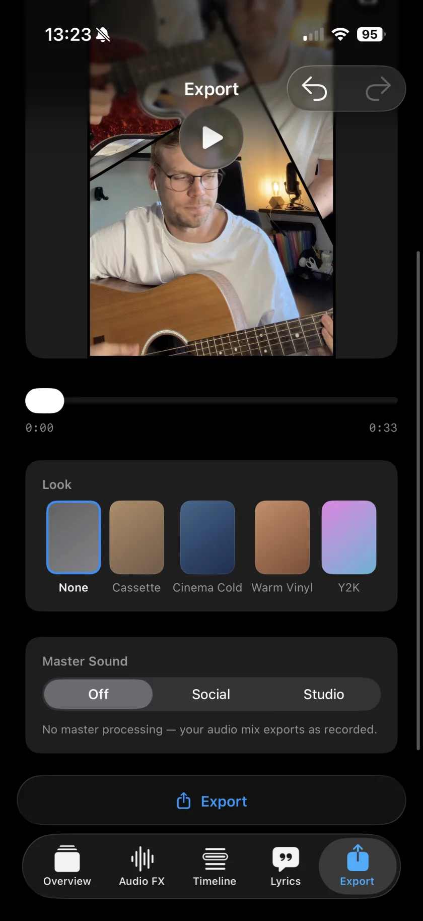 Musaic export screen: cinematic look presets and master-sound options