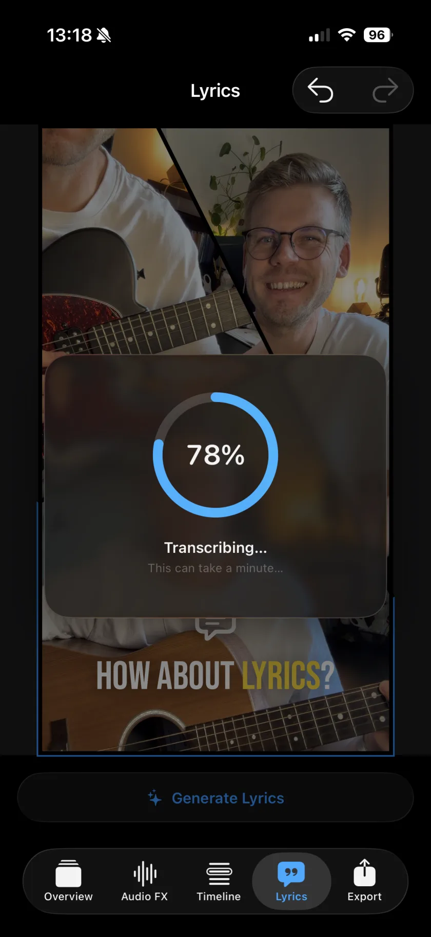 Musaic transcribing vocals automatically — a progress ring over the video and a styled gold caption below