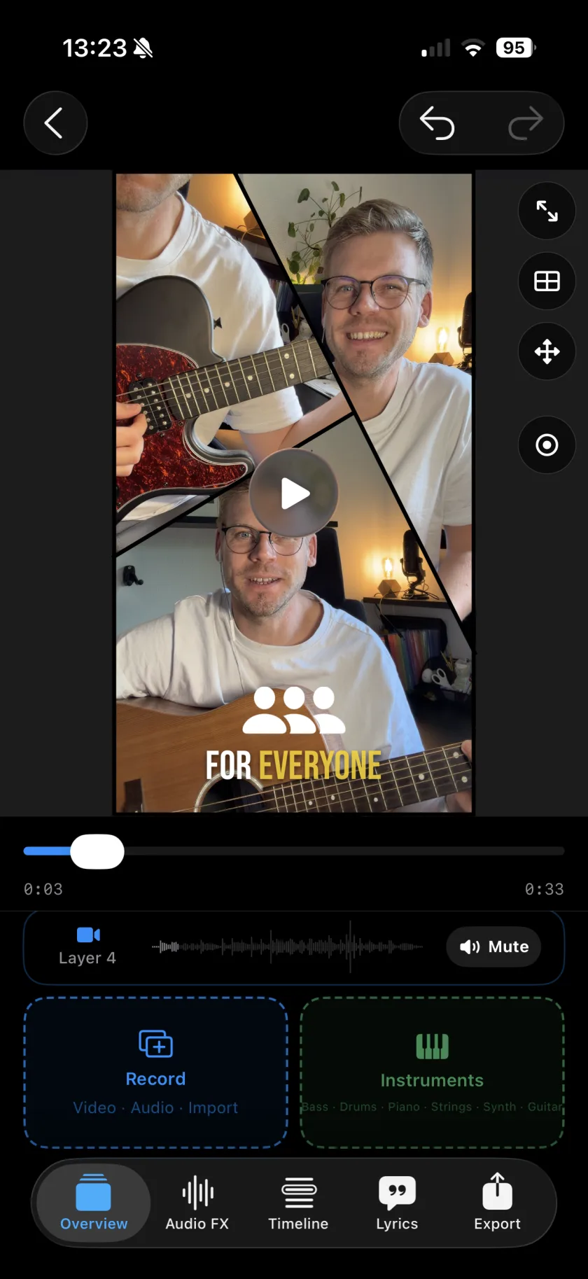 Musaic project overview: a three-pane mosaic of the same musician, a waveform layer row and Record / Instruments actions