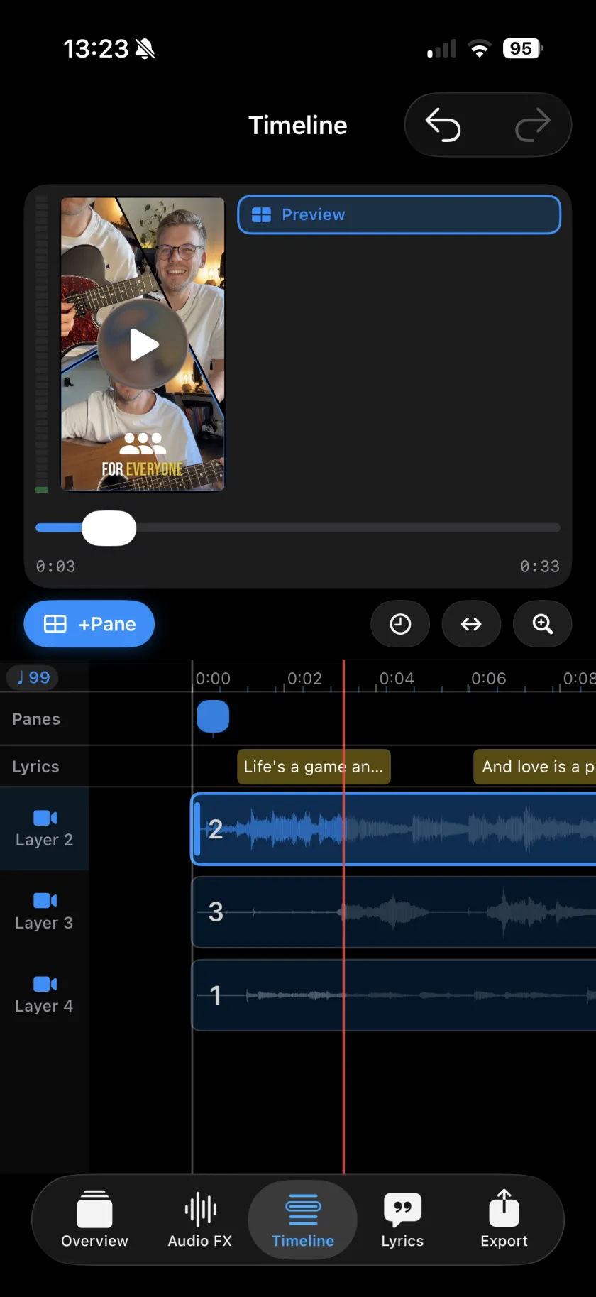 Musaic timeline: waveform tracks for three layers, a lyrics track and pane markers